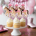 Personalized baby girl cowgirl horse cupcake toppers featuring infant photo faces placed on western pony designs with pink cowboy hats and cow print outfits, displayed on a dessert stand with pink birthday décor. These western themed cupcake decorations are ideal for first birthday parties, cowgirl baby celebrations, pink rodeo birthdays, barnyard girl party themes, and country western smash cake sessions. Perfect for coordinated dessert tables and rustic western birthday décor