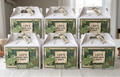 Set of custom dinosaur birthday party favor boxes handmade with layered cardstock paper decorations, personalized child name details, and premium 3D handmade party favor packaging.