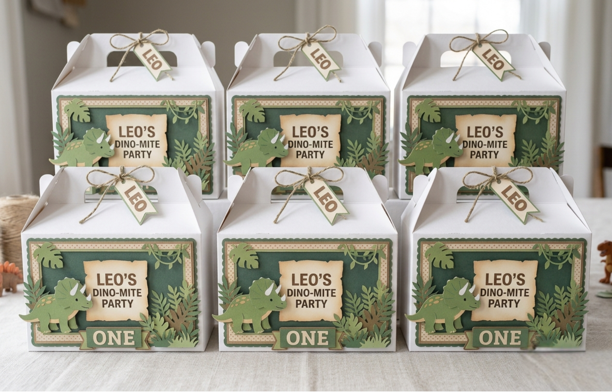 Set of custom dinosaur birthday party favor boxes handmade with layered cardstock paper decorations, personalized child name details, and premium 3D handmade party favor packaging.