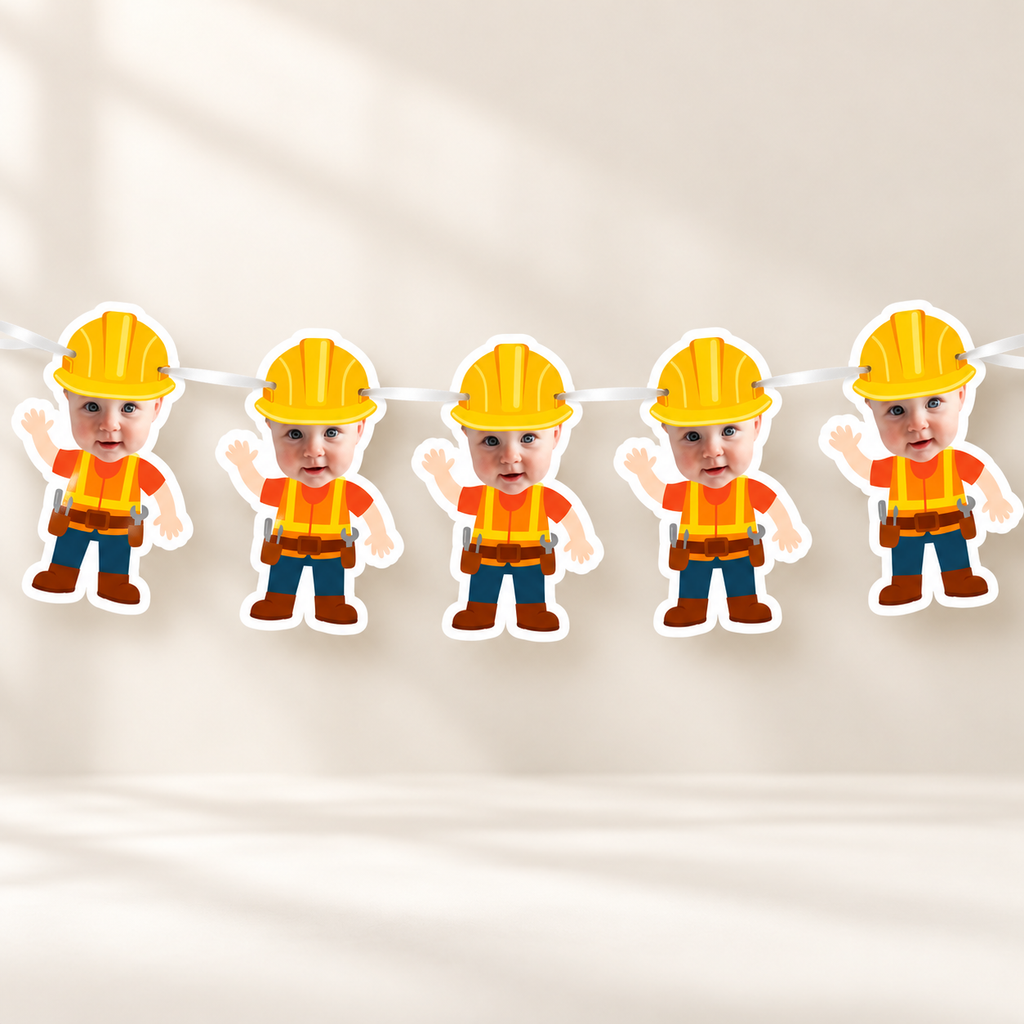 Personalized construction birthday garland featuring five full body cartoon builder characters with child photo faces yellow hard hats orange safety vests tool belts and white hanging ribbon