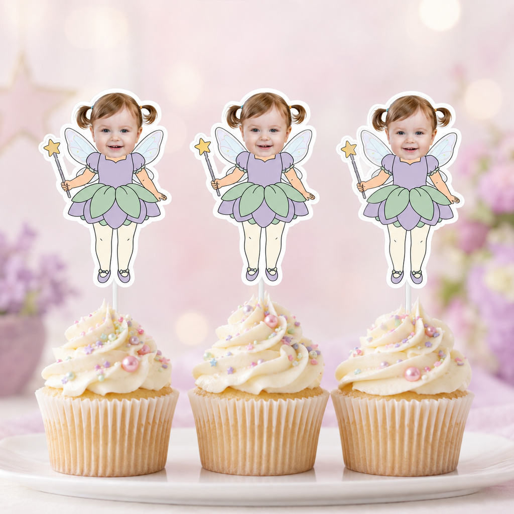 Three custom fairy photo cupcake toppers featuring a smiling child in a lavender and green petal dress with wings and a star wand displayed on pastel sprinkled cupcakes for a magical fairy birthday celebration.