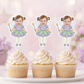 Three custom fairy photo cupcake toppers featuring a smiling child in a lavender and green petal dress with wings and a star wand displayed on pastel sprinkled cupcakes for a magical fairy birthday celebration.