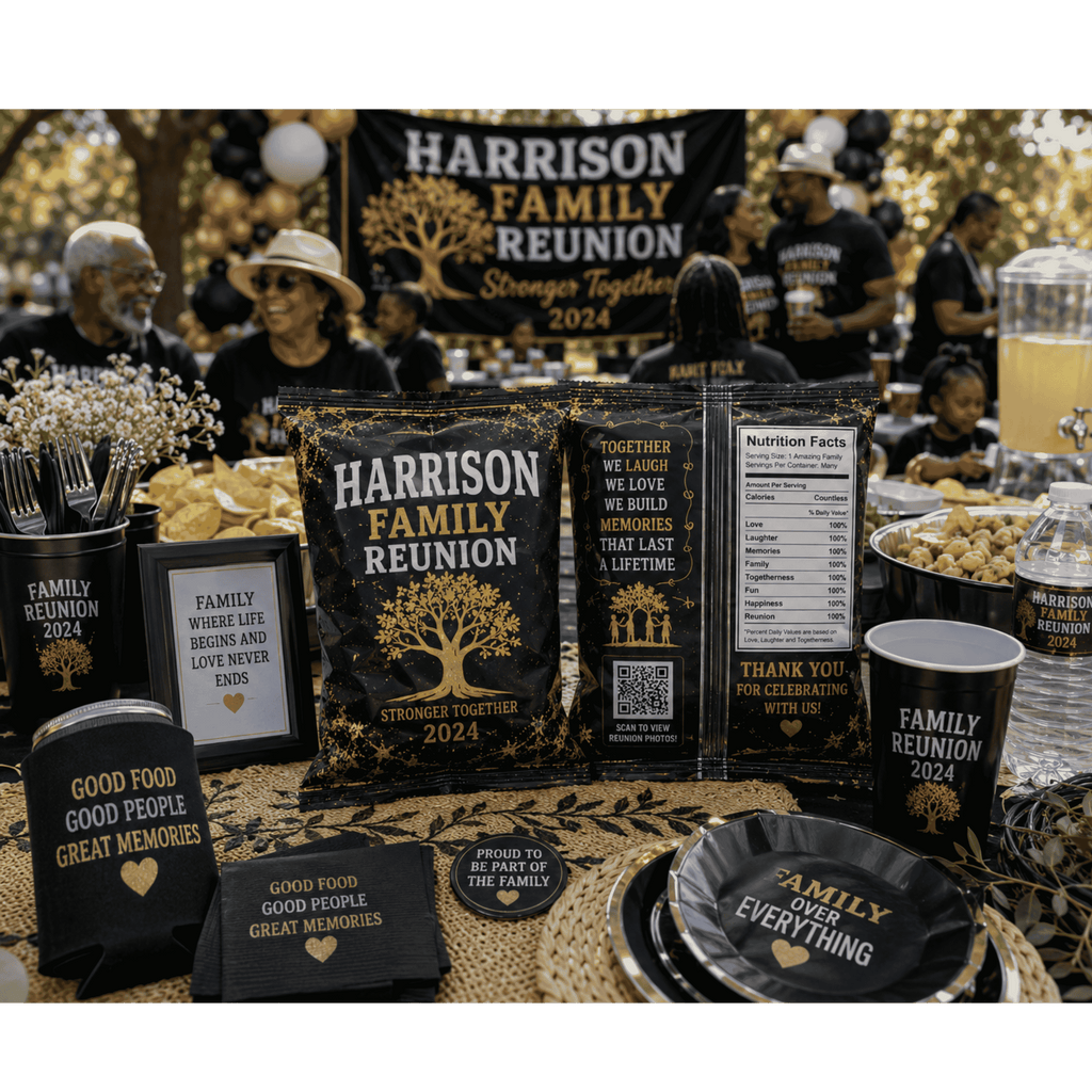 Personalized family reunion chip bags with custom family name black and gold party favors for reunion celebration and keepsake event decor