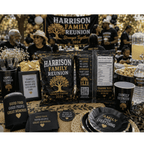 Personalized family reunion chip bags with custom family name black and gold party favors for reunion celebration and keepsake event decor
