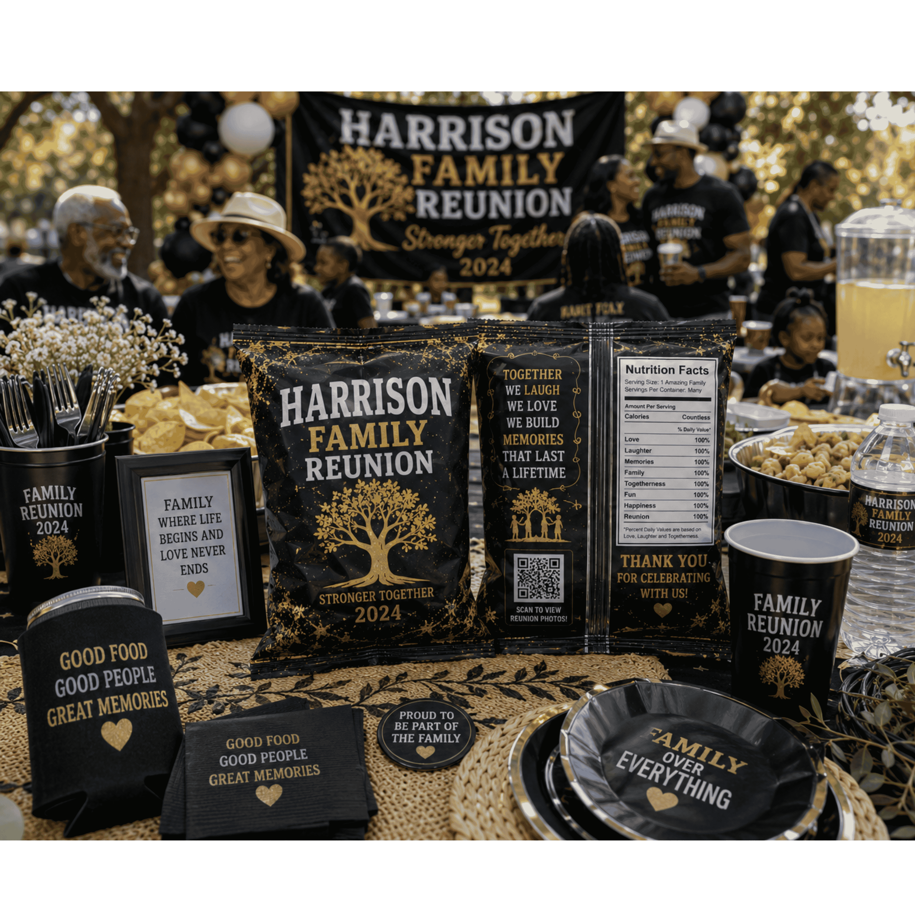 Personalized family reunion chip bags with custom family name black and gold party favors for reunion celebration and keepsake event decor