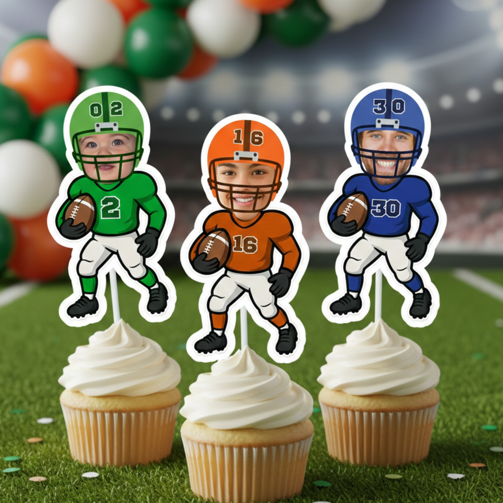 Personalized football cupcake toppers featuring three age variations including 2nd birthday, 16th birthday, and 30th birthday milestone designs displayed on frosted cupcakes. This custom sports party decoration showcases age variety options for toddlers, teens, and adult football-themed celebrations. Ideal for milestone birthday parties, sports banquets, football watch parties, and personalized event décor.