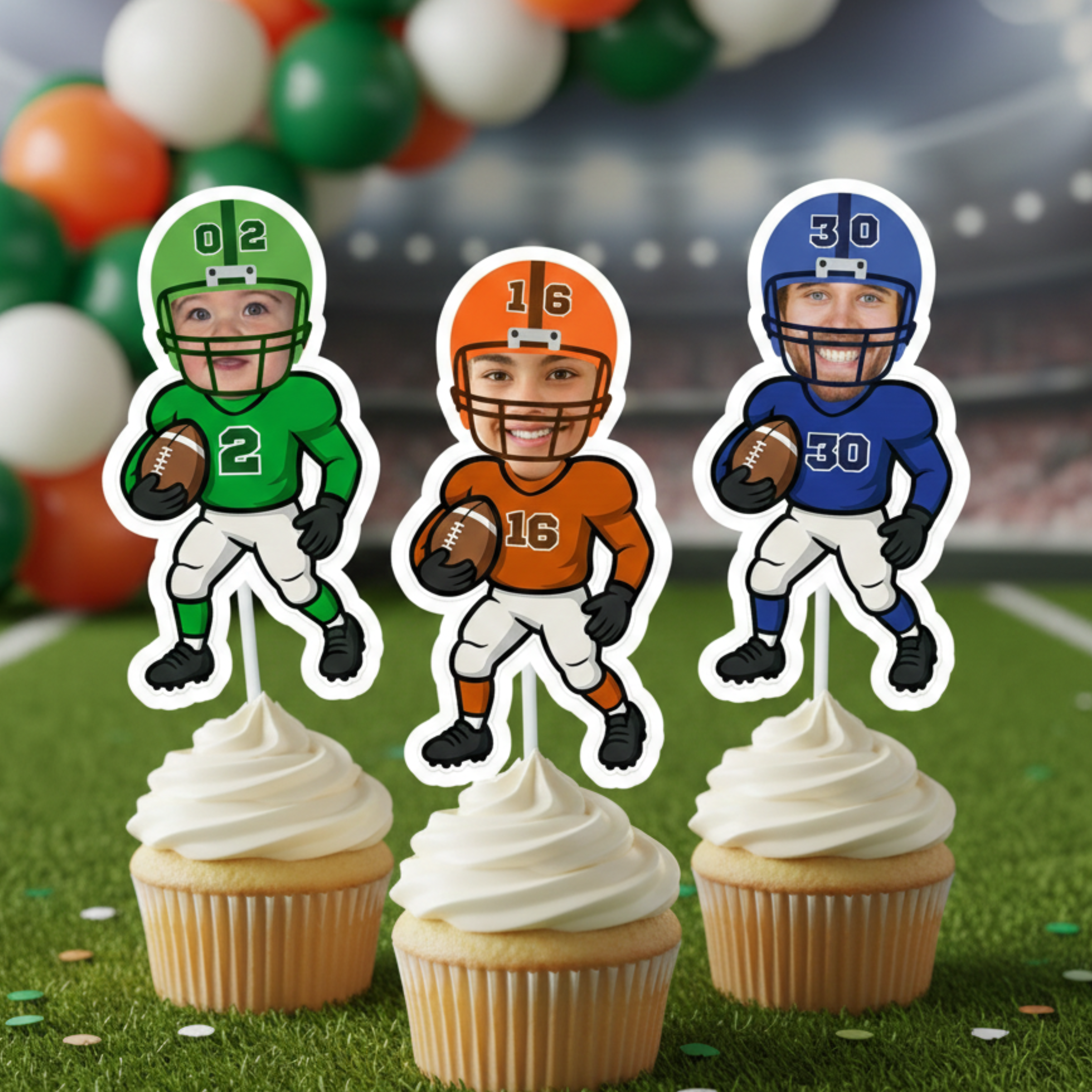 Personalized football cupcake toppers featuring three age variations including 2nd birthday, 16th birthday, and 30th birthday milestone designs displayed on frosted cupcakes. This custom sports party decoration showcases age variety options for toddlers, teens, and adult football-themed celebrations. Ideal for milestone birthday parties, sports banquets, football watch parties, and personalized event décor.