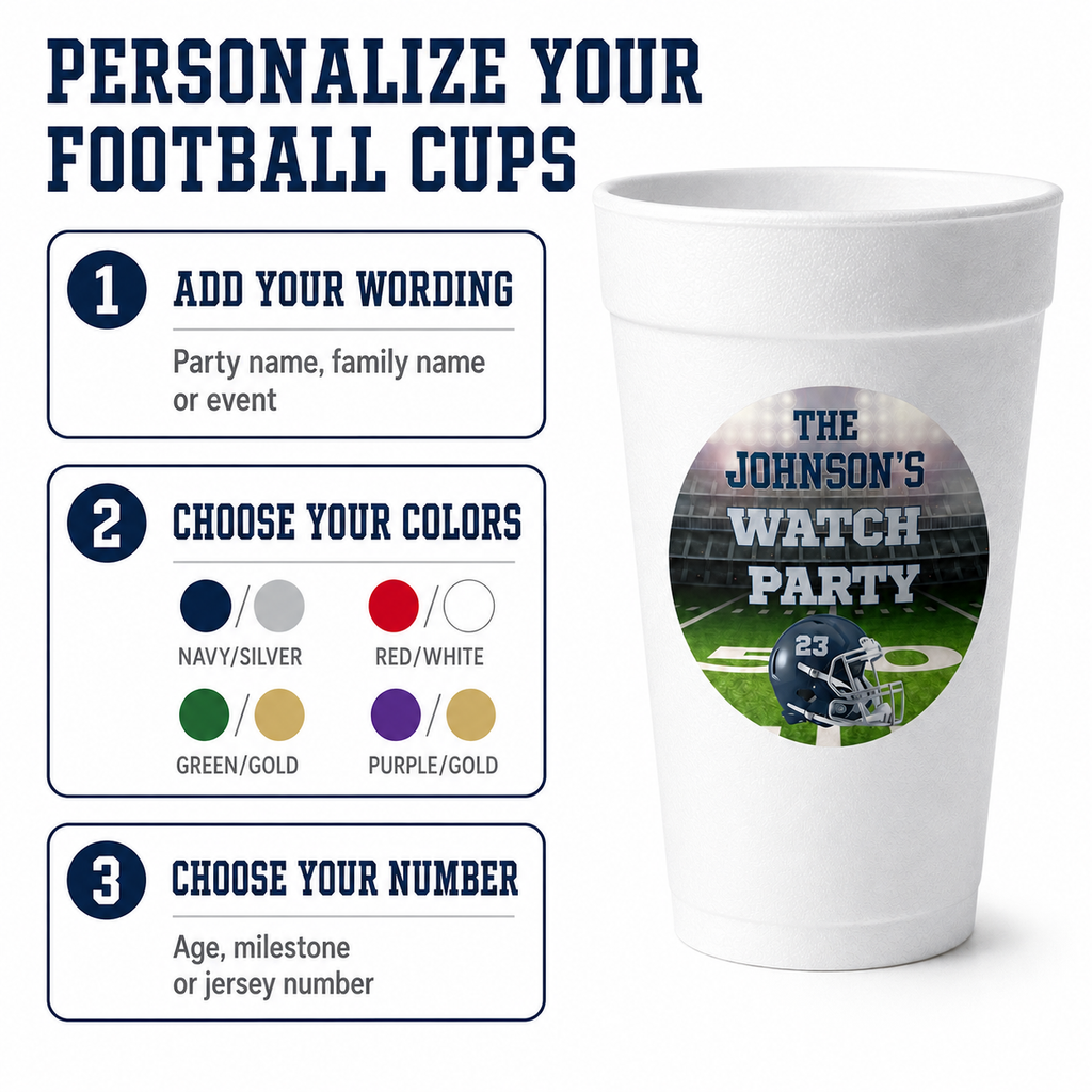 Football foam cup personalization guide showing options for party wording, team colors and age, milestone or jersey number.