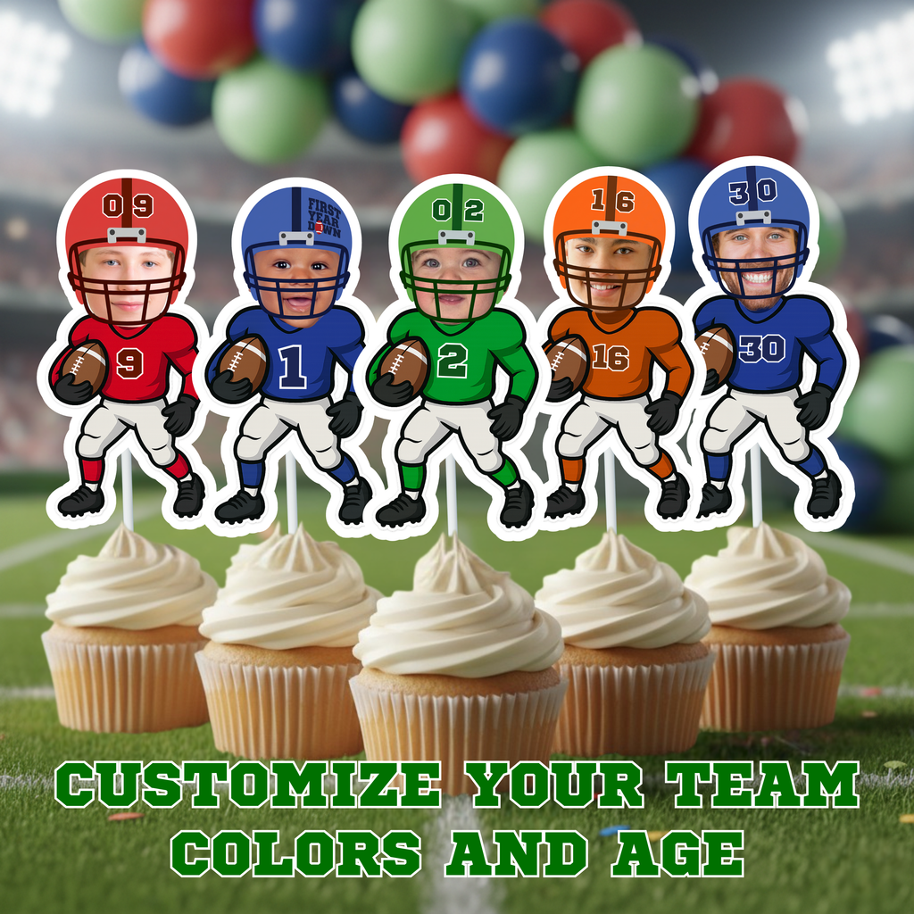 Custom football cupcake toppers featuring personalized photo faces and multiple jersey colors displayed across a range of ages including 1st birthday, 2nd birthday, 9th birthday, 16th birthday, and 30th birthday. This sports themed birthday party decoration allows customers to customize team colors and age numbers for toddlers, teens, and adults. Perfect for football birthday parties, game day celebrations, and personalized sports dessert table decor for any age milestone.