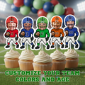 Custom football cupcake toppers featuring personalized photo faces and multiple jersey colors displayed across a range of ages including 1st birthday, 2nd birthday, 9th birthday, 16th birthday, and 30th birthday. This sports themed birthday party decoration allows customers to customize team colors and age numbers for toddlers, teens, and adults. Perfect for football birthday parties, game day celebrations, and personalized sports dessert table decor for any age milestone.