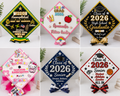 Collage of personalized graduation cap topper designs featuring Pre-K graduation caps, high school graduation caps, military graduation cap toppers, and senior athlete graduation cap decorations with layered glitter details. Collection of personalized graduation cap decorations with various designs and text.