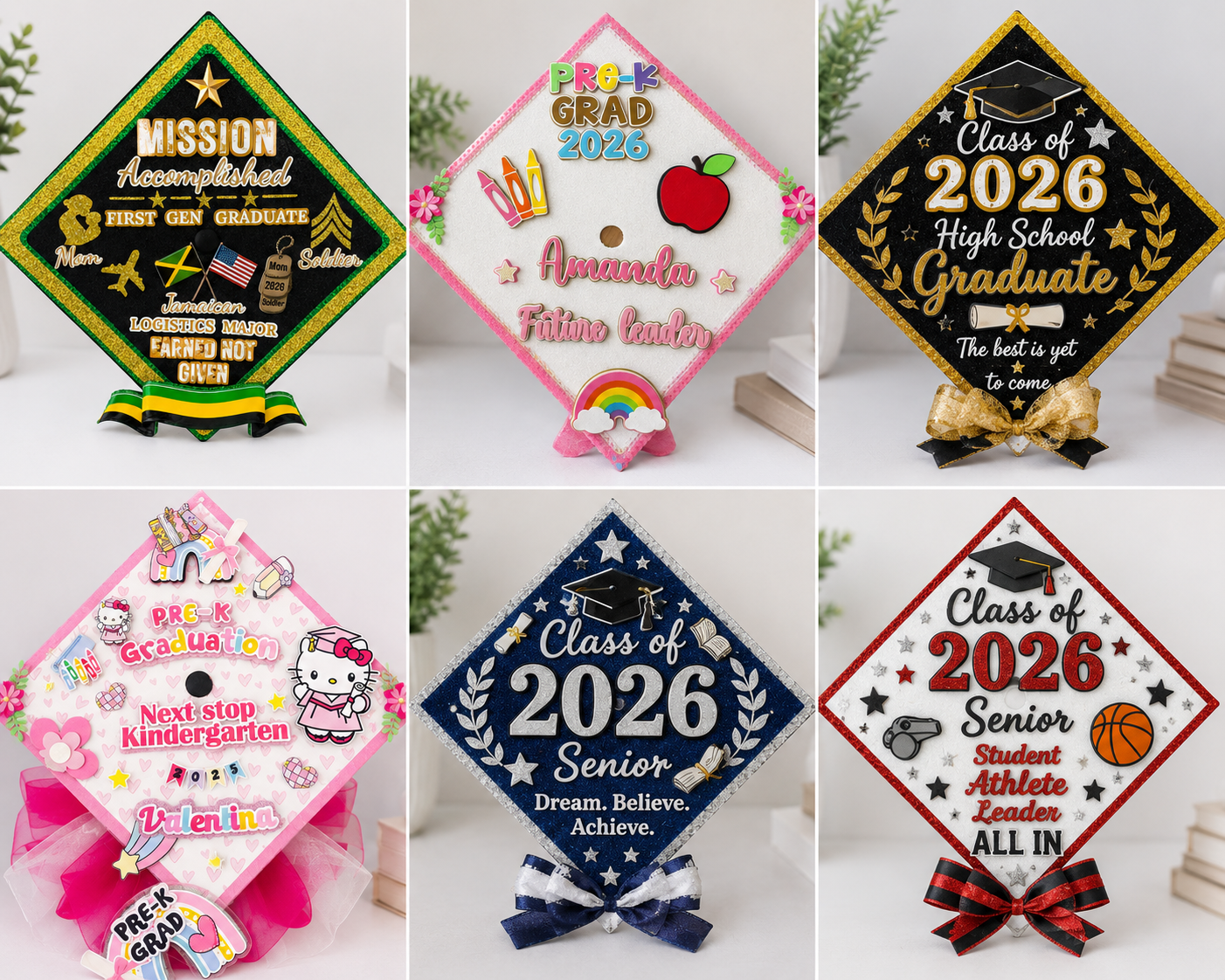 Collage of personalized graduation cap topper designs featuring Pre-K graduation caps, high school graduation caps, military graduation cap toppers, and senior athlete graduation cap decorations with layered glitter details. Collection of personalized graduation cap decorations with various designs and text.