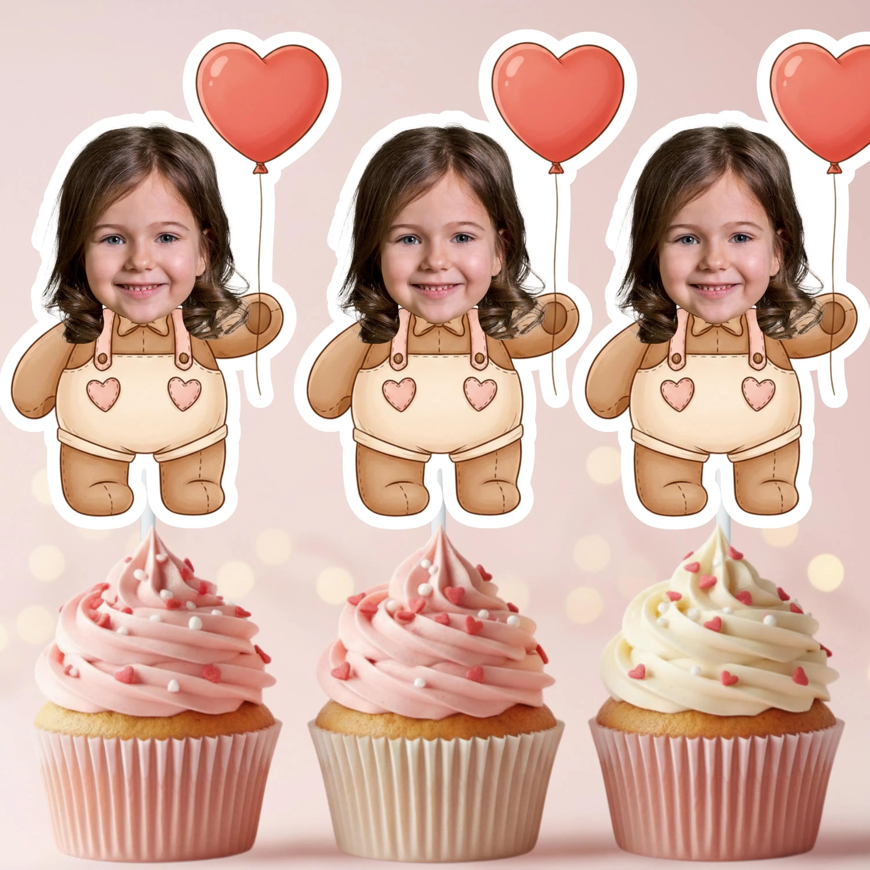 Three identical images of a child in a onesie with heart balloons above, surrounded by cupcakes on a pink background.