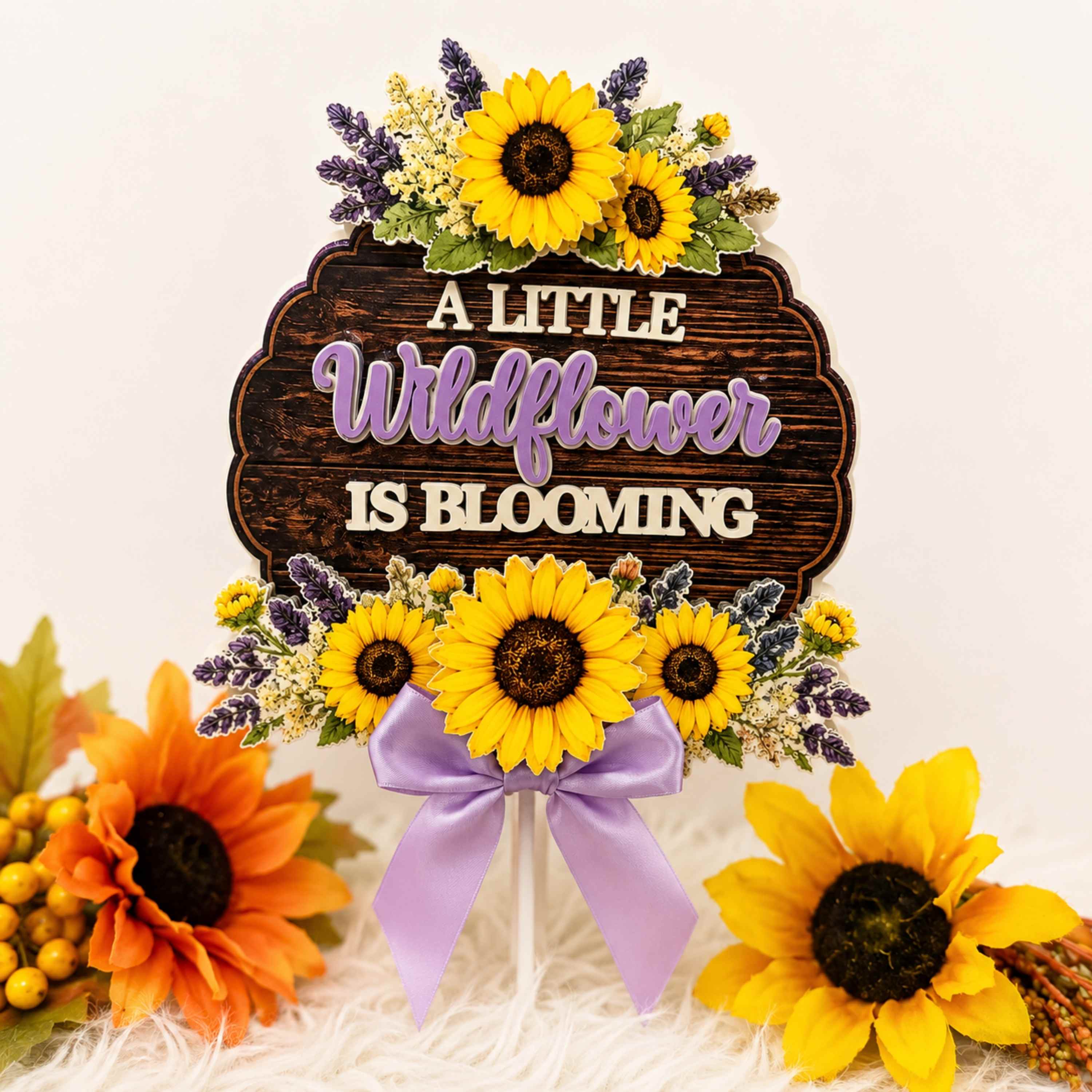 Handmade layered baby shower cake topper featuring sunflower bouquet lavender floral accents rustic wood grain background premium dimensional custom baby shower cake decoration for wildflower themed baby shower
