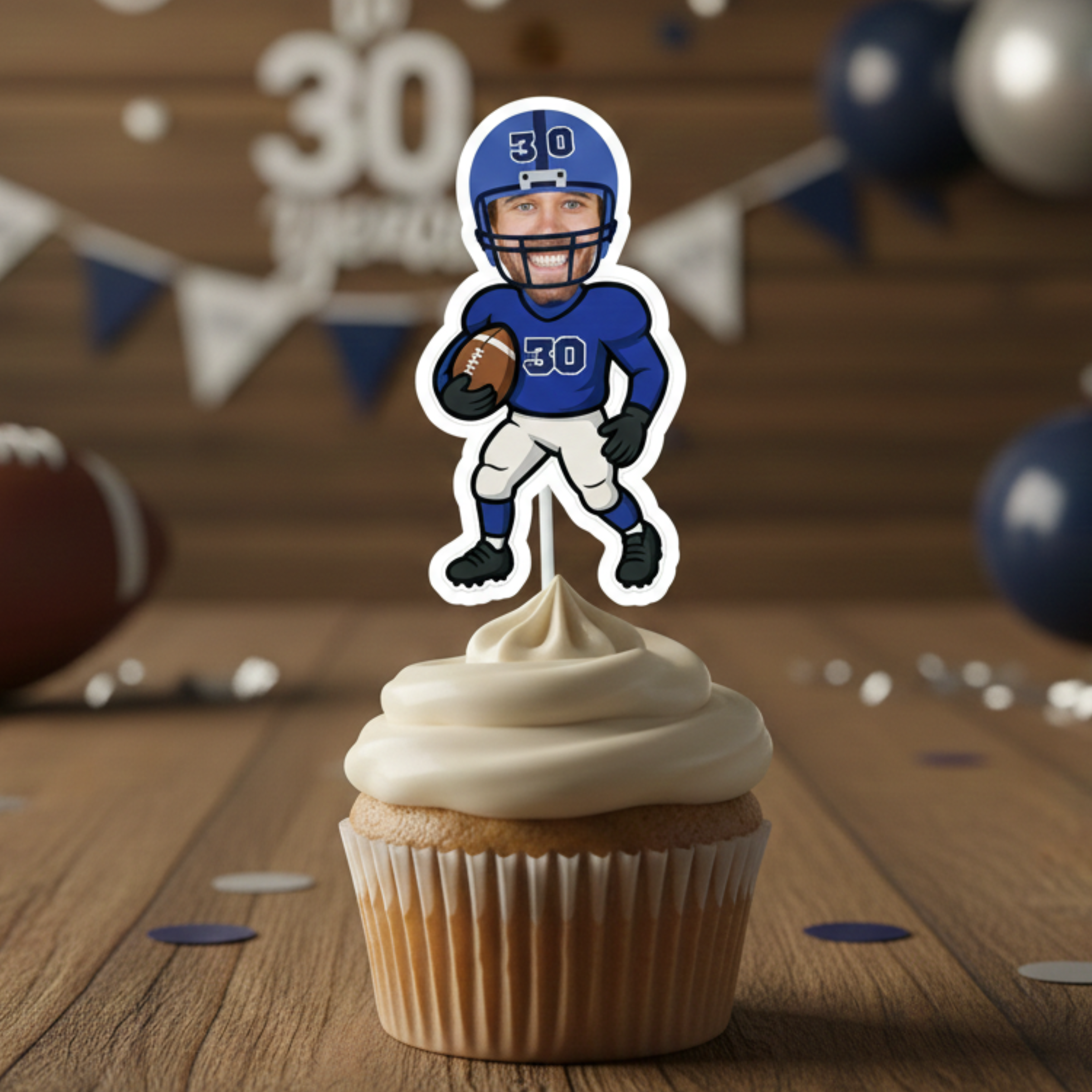 Personalized football cupcake topper featuring a custom photo face and blue jersey with the number 30, displayed on a frosted cupcake for a 30th birthday party. This adult football themed birthday decoration is ideal for milestone sports celebrations, game day inspired dessert tables, and custom sports party decor for men turning thirty. A fun and unique football birthday party supply for fans celebrating a big milestone year.