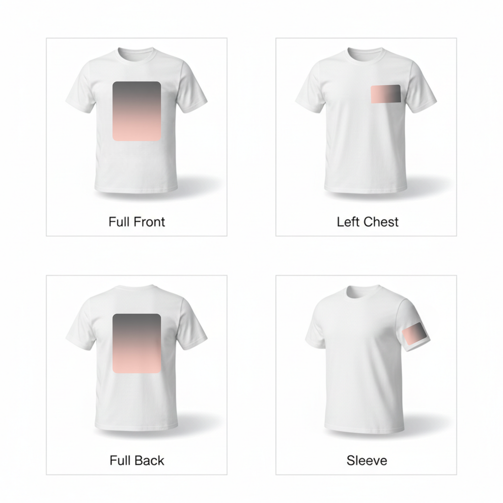 This custom t-shirt print placement guide displays available design locations including full front graphics, left chest logos, full back designs, and sleeve prints. Ideal for personalized birthday shirts, family reunion apparel, team shirts, and branded event tees, this visual helps customers choose the best layout for their custom shirt design.