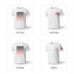 This custom t-shirt print placement guide displays available design locations including full front graphics, left chest logos, full back designs, and sleeve prints. Ideal for personalized birthday shirts, family reunion apparel, team shirts, and branded event tees, this visual helps customers choose the best layout for their custom shirt design.