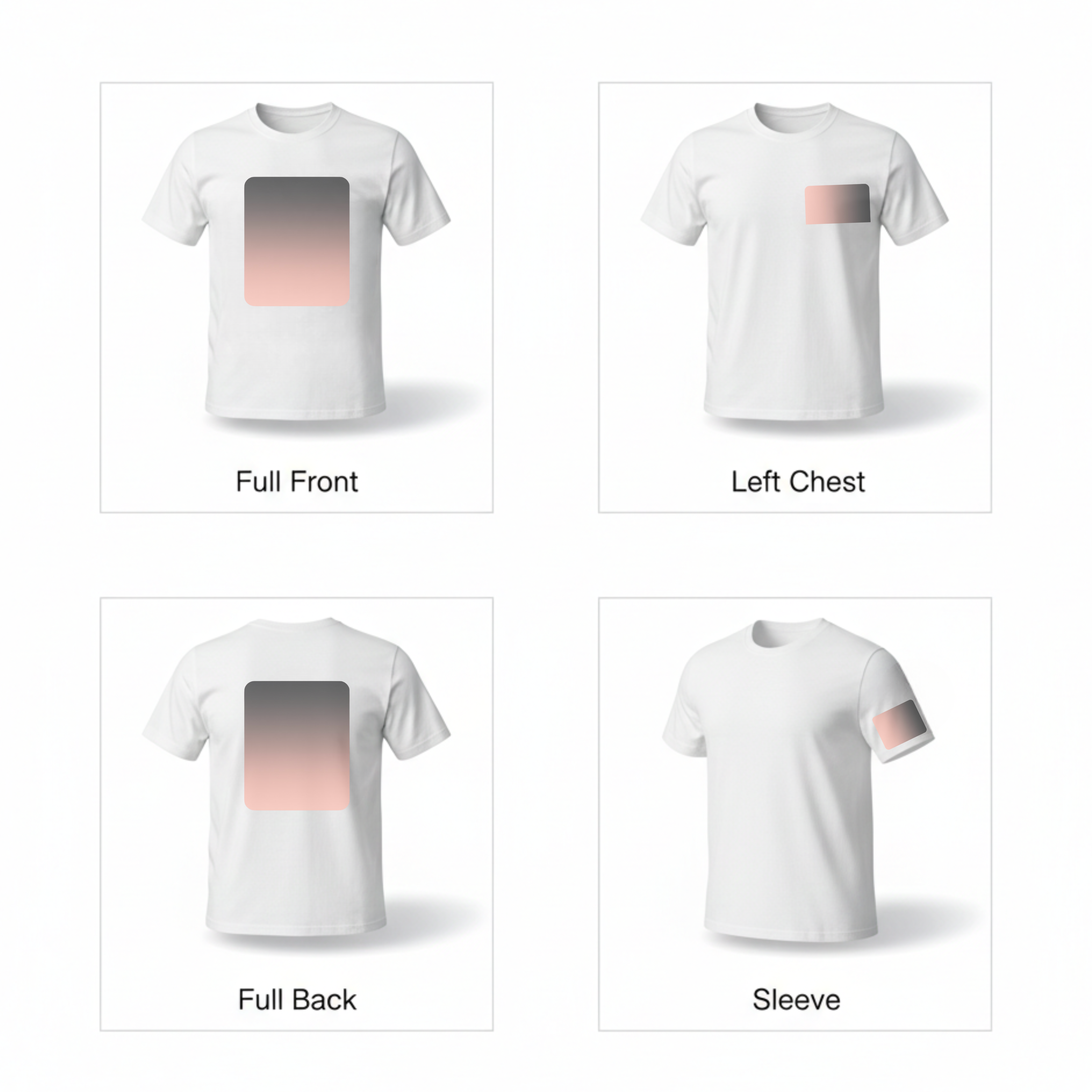 This custom t-shirt print placement guide displays available design locations including full front graphics, left chest logos, full back designs, and sleeve prints. Ideal for personalized birthday shirts, family reunion apparel, team shirts, and branded event tees, this visual helps customers choose the best layout for their custom shirt design.