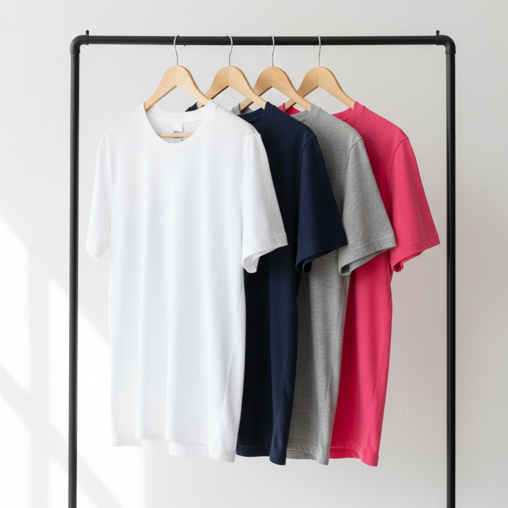 This image displays multiple custom t-shirt color options including white, navy, ash gray, and bright pink in a clean boutique presentation. Perfect for birthday shirts, family reunion tees, business merchandise, and personalized celebration apparel, these color choices allow customers to match their event theme or brand aesthetic.