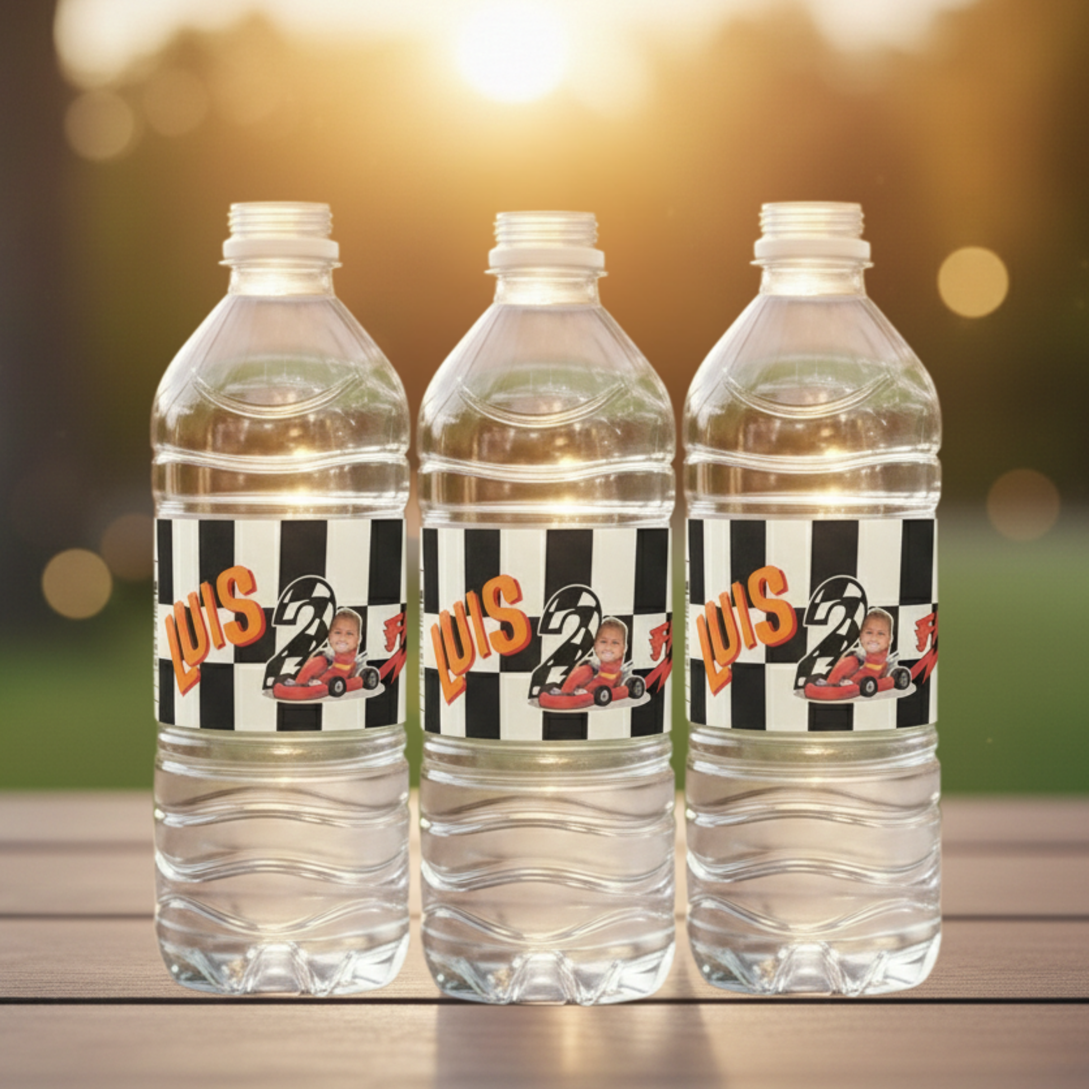 Three water bottles with personalized labels featuring a child's face and 'Louis 2' text on a blurred outdoor background.
