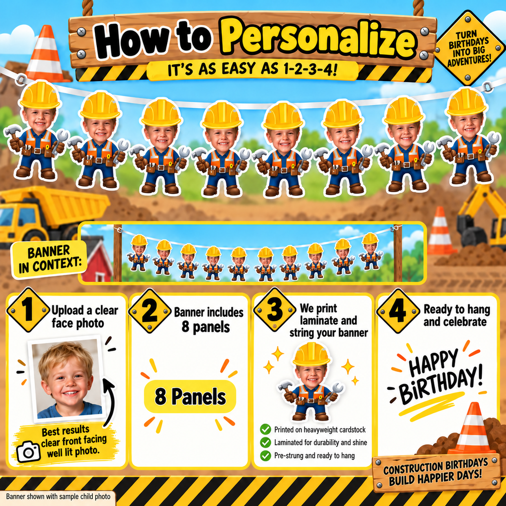 How to personalize construction birthday banner infographic explaining photo upload eight panel banner printing lamination assembly and ready to hang construction
