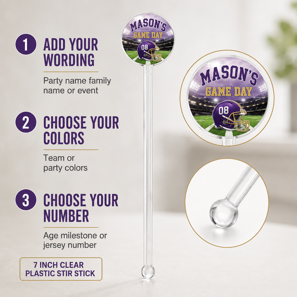 Football drink stir stick personalization options for party wording colors and jersey or helmet number.