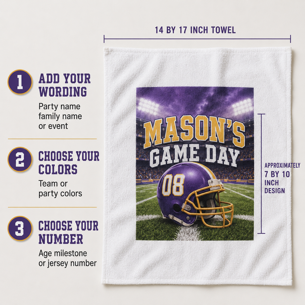 Football rally towel personalization options for wording colors and jersey or helmet number.