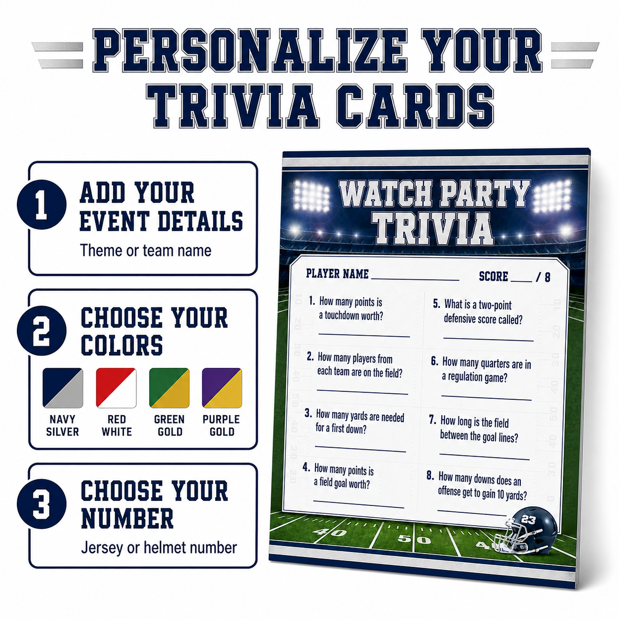 Football trivia card personalization options for party wording colors and jersey or helmet number.