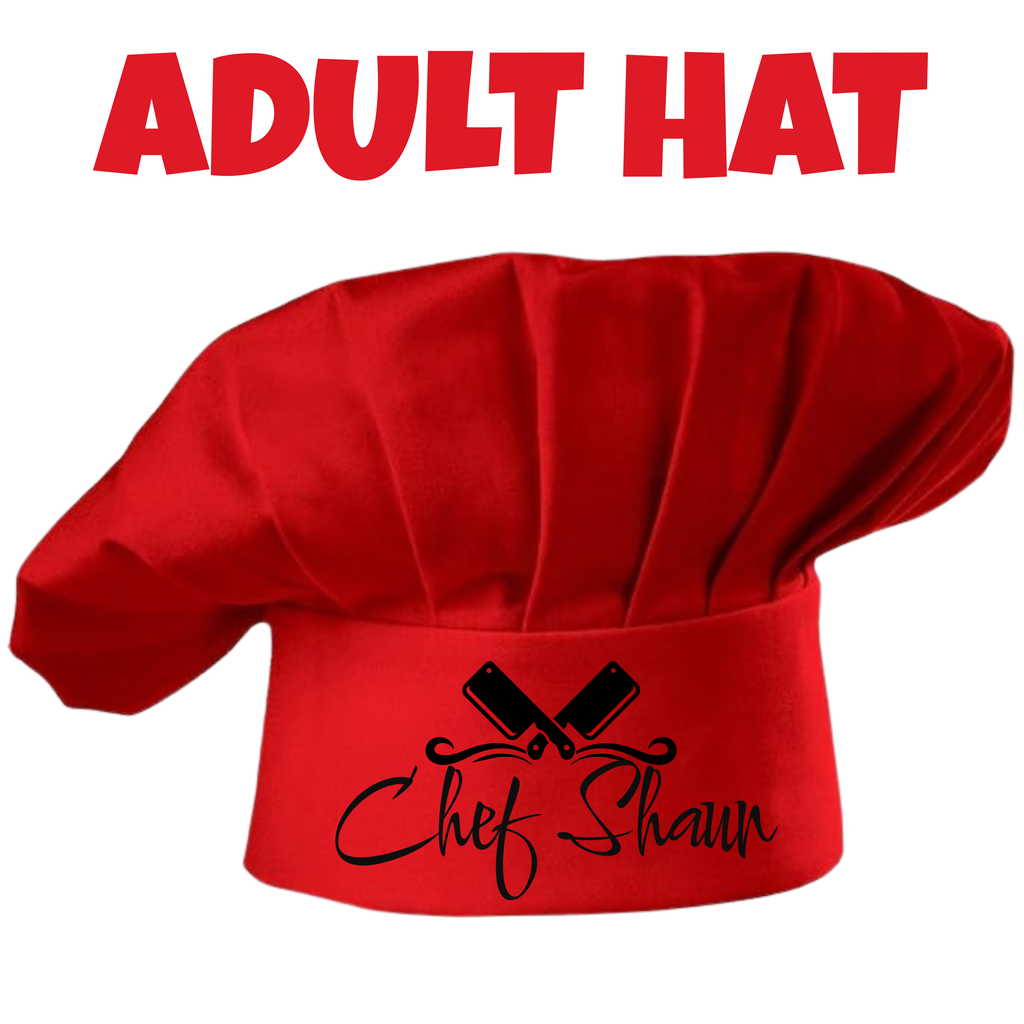 Red chef hat with 'Chef Shaun' text on a white background