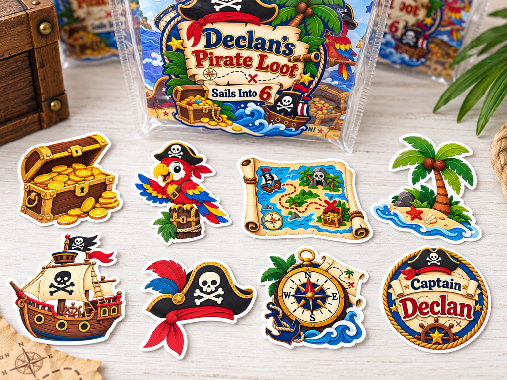 A set of pirate-themed die-cut stickers displayed on a light wood surface, with the clear plastic goodie bag labeled 'Declan's Pirate Loot' standing behind them. The stickers include a treasure chest, parrot, map, island, ship, compass, and captain badge. Great Goodie Bag or activity pack filler for Pirate themed birthday parties. 