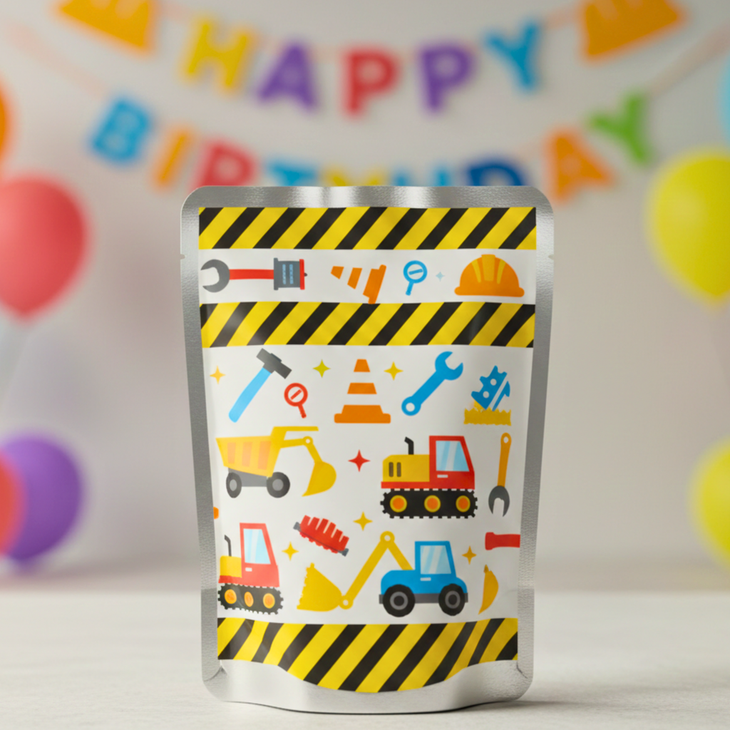 Children's party favor bag with construction-themed design against a colorful 'Happy Birthday' backdrop.