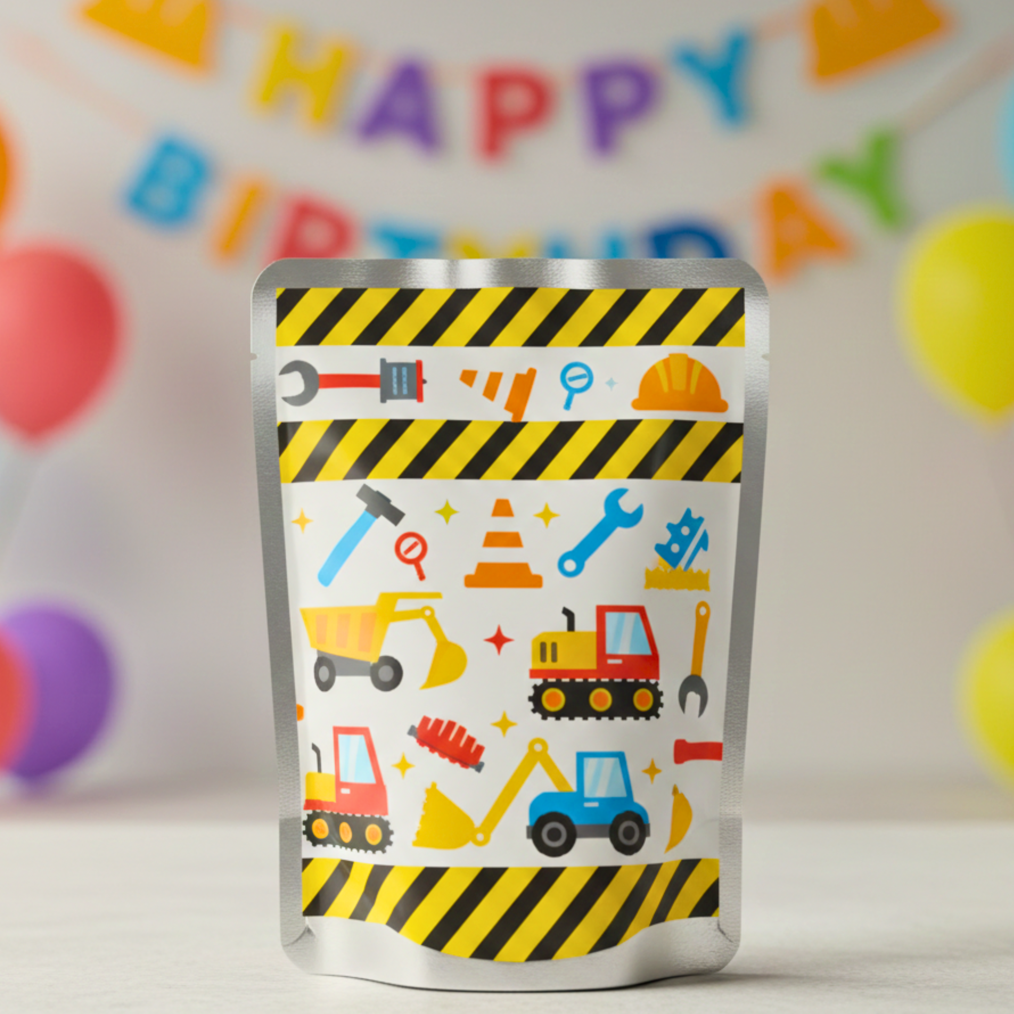 Children's party favor bag with construction-themed design against a colorful 'Happy Birthday' backdrop.