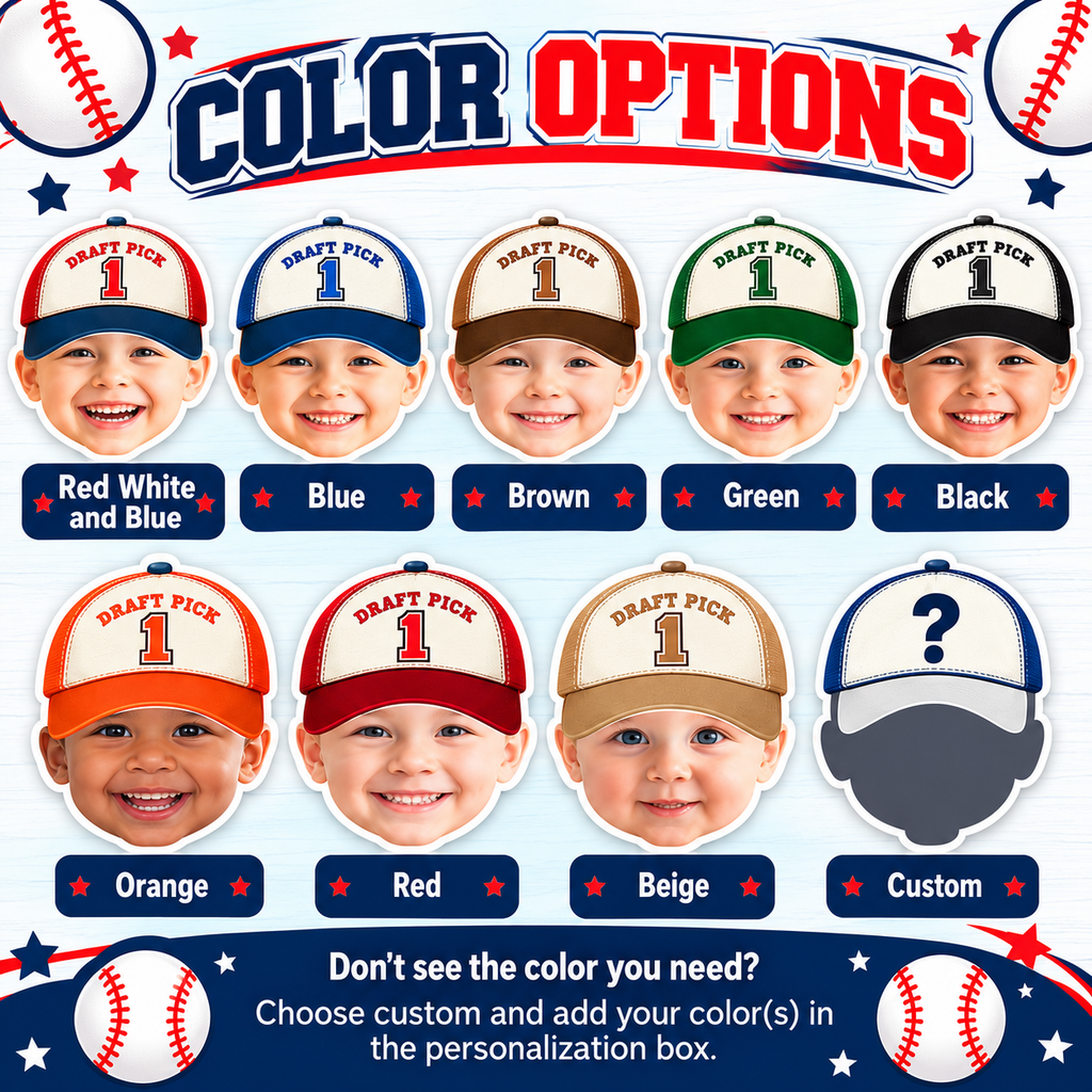 Draft Pick 1 personalized baseball photo banner color options showing red white and blue blue brown green black orange red beige and custom hat colors