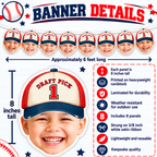 Personalized Draft Pick 1 baseball photo banner details showing eight photo panels approximately eight inches tall printed on heavyweight cardstock and strung on white satin ribbon