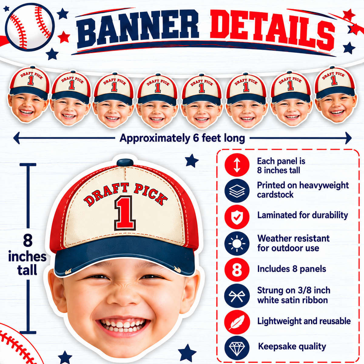 Personalized Draft Pick 1 baseball photo banner details showing eight photo panels approximately eight inches tall printed on heavyweight cardstock and strung on white satin ribbon