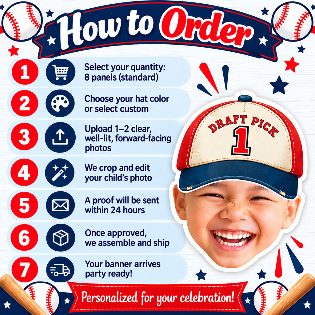 How to order a personalized Draft Pick 1 baseball photo banner by choosing a hat color uploading a child photo reviewing the proof and receiving an assembled party ready banner
