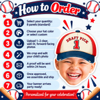 How to order a personalized Draft Pick 1 baseball photo banner by choosing a hat color uploading a child photo reviewing the proof and receiving an assembled party ready banner
