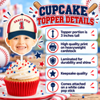Personalized Draft Pick 1 baseball photo cupcake topper details showing a three inch laminated heavyweight cardstock topper attached to a white cake pop stick