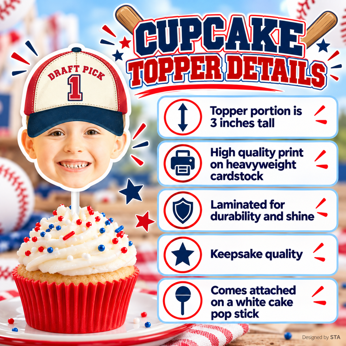 Personalized Draft Pick 1 baseball photo cupcake topper details showing a three inch laminated heavyweight cardstock topper attached to a white cake pop stick