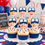 Personalized Draft Pick 1 baseball photo cupcake toppers featuring childrens faces with blue baseball caps displayed on a baseball themed birthday dessert table