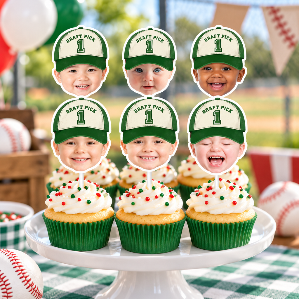 Personalized Draft Pick 1 baseball photo cupcake toppers featuring childrens faces with green baseball caps displayed on cupcakes for a baseball first birthday party
