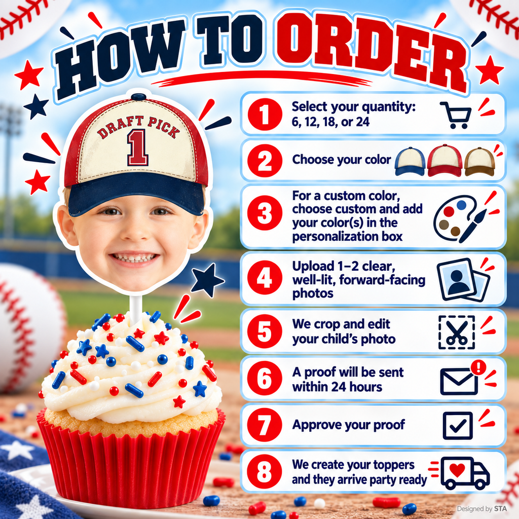 How to order personalized Draft Pick 1 baseball photo cupcake toppers with quantity color custom color photo upload and proof instructions