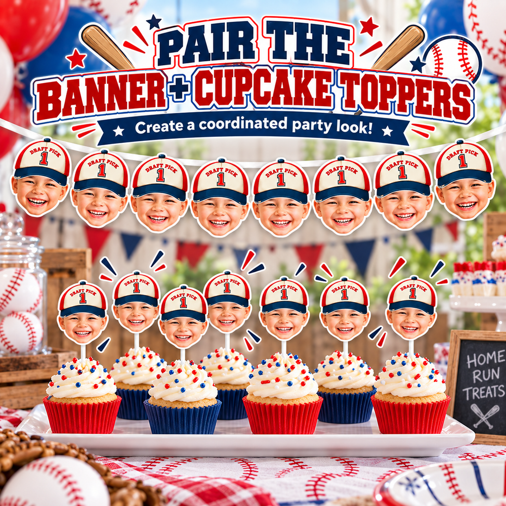 Personalized Draft Pick 1 baseball birthday banner and matching cupcake toppers featuring a child’s photo with a red, white and blue baseball cap. Coordinated party decor is displayed on a baseball themed dessert table with cupcakes, baseball decorations and an 8 panel photo face banner.