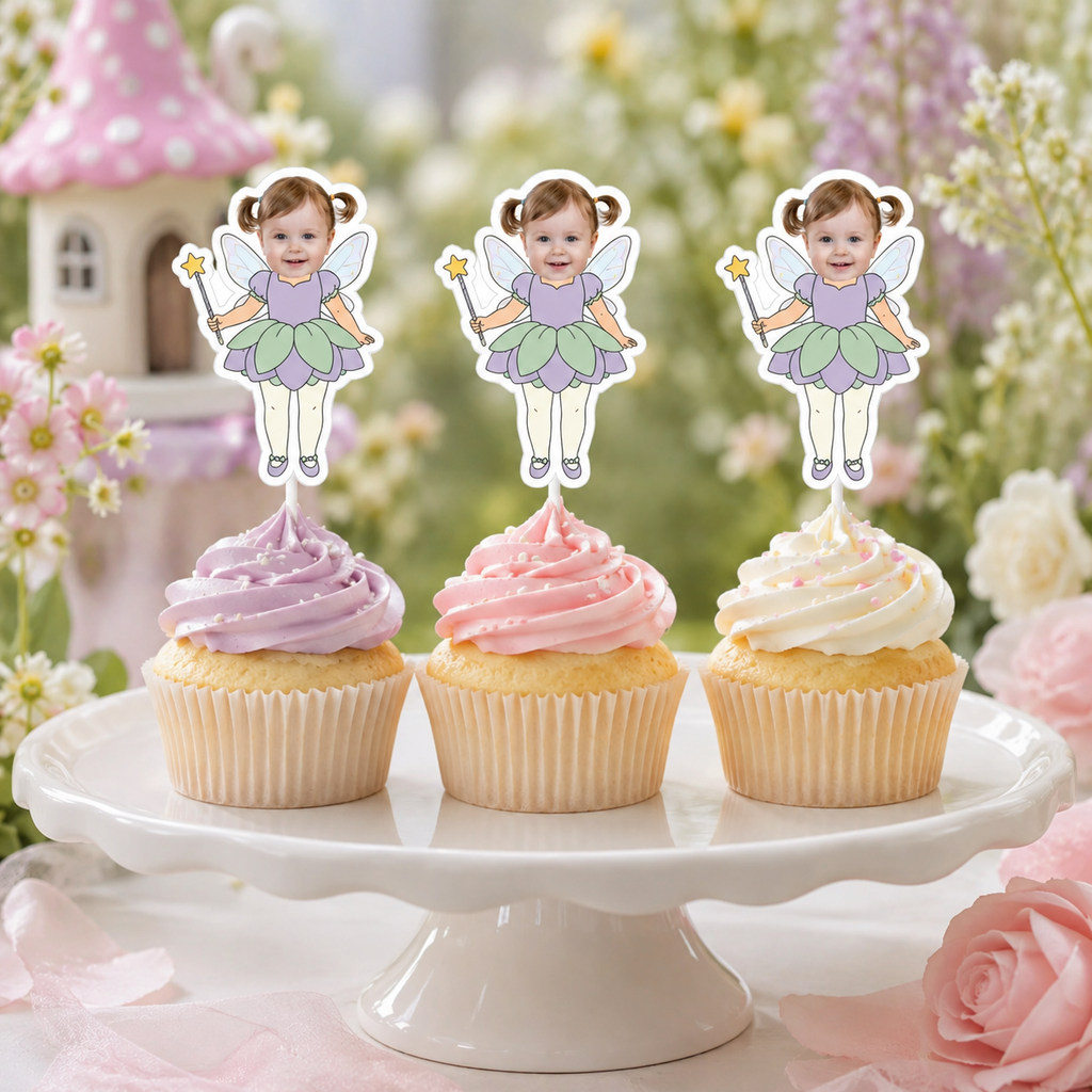 Three personalized fairy face cupcake toppers displayed on lavender pink and cream frosted cupcakes on a white cake stand surrounded by flowers for an enchanted garden fairy first birthday party.