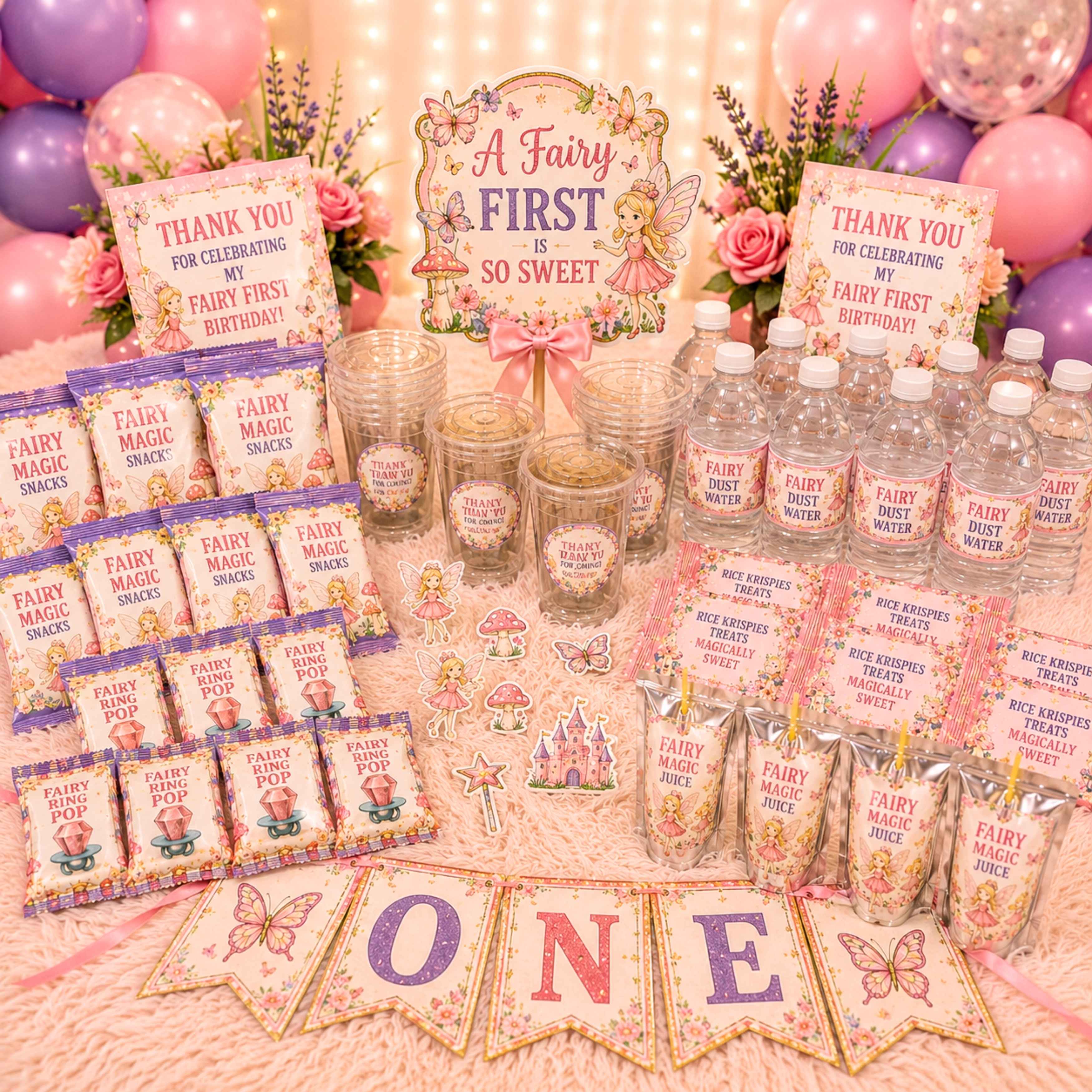 Custom fairy first birthday party favor bundle featuring personalized fairy themed chip bags, water bottle labels, juice pouch labels, rice krispie treat wrappers, ring pop wrappers, custom cups, stickers, birthday banner, custom cake topper, cupcake toppers, fairy birthday decorations, whimsical butterfly party supplies, fairy first birthday party favors, and personalized custom party favor bundle for girls birthday celebrations