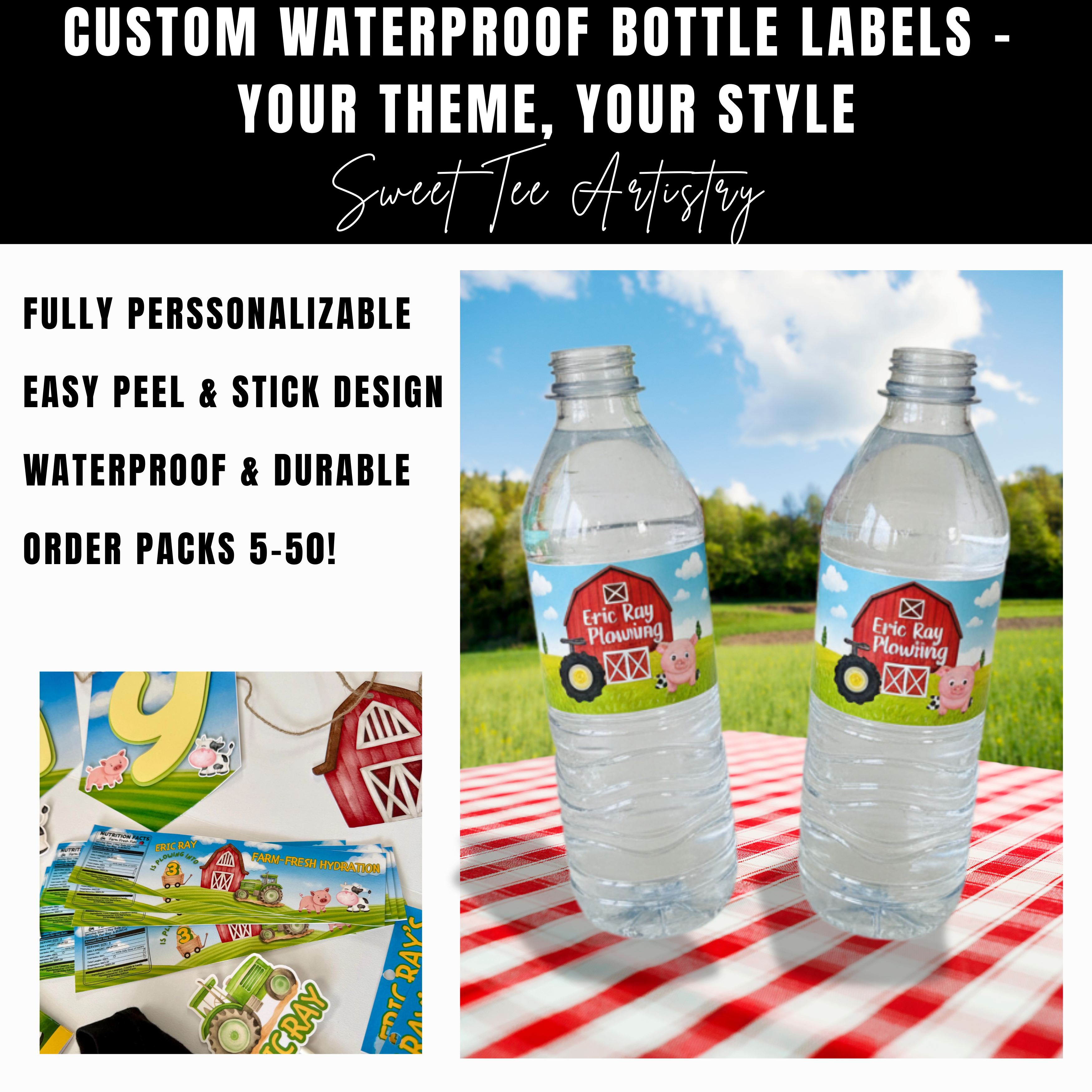 Custom waterproof bottle labels with farm-themed design on water bottles outdoors.