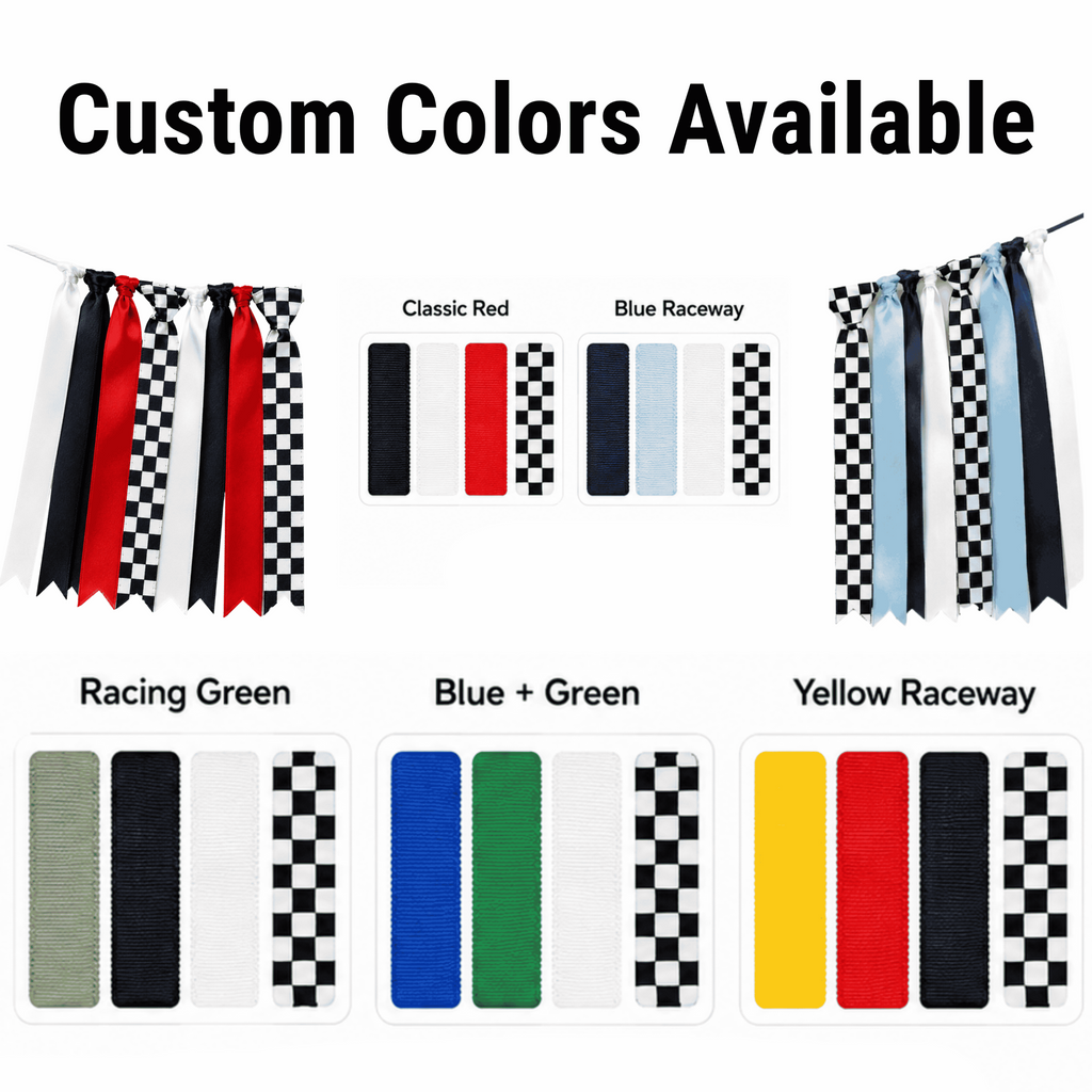Personalized race car highchair banner available in Classic Red and Blue Raceway color options for Fast One, Formula WON, Grand Prix, speedway, and vintage race car first birthday decorations.