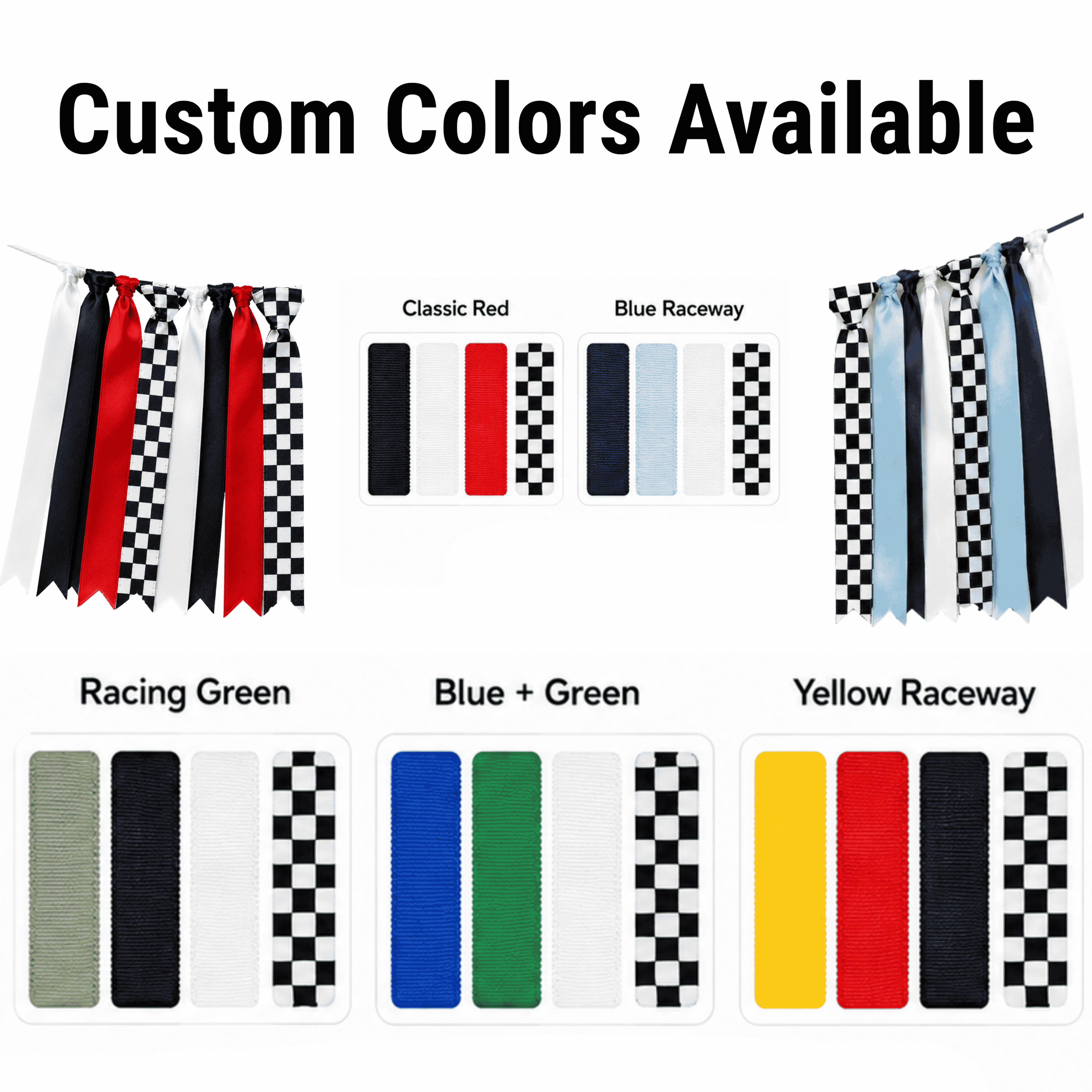 Personalized race car highchair banner available in Classic Red and Blue Raceway color options for Fast One, Formula WON, Grand Prix, speedway, and vintage race car first birthday decorations.