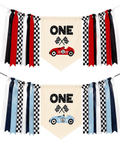 Race car highchair banner available in Classic Red and Blue Raceway color options for Fast One, Formula WON, race day, Grand Prix, speedway, vintage race car, and first birthday party decorations.