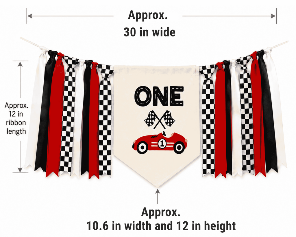 Race car highchair banner dimensions featuring a 30-inch ribbon garland with a 10.6 x 12-inch personalized center pennant, perfect for Fast One, Formula WON, racing birthday, and cake smash decorations.